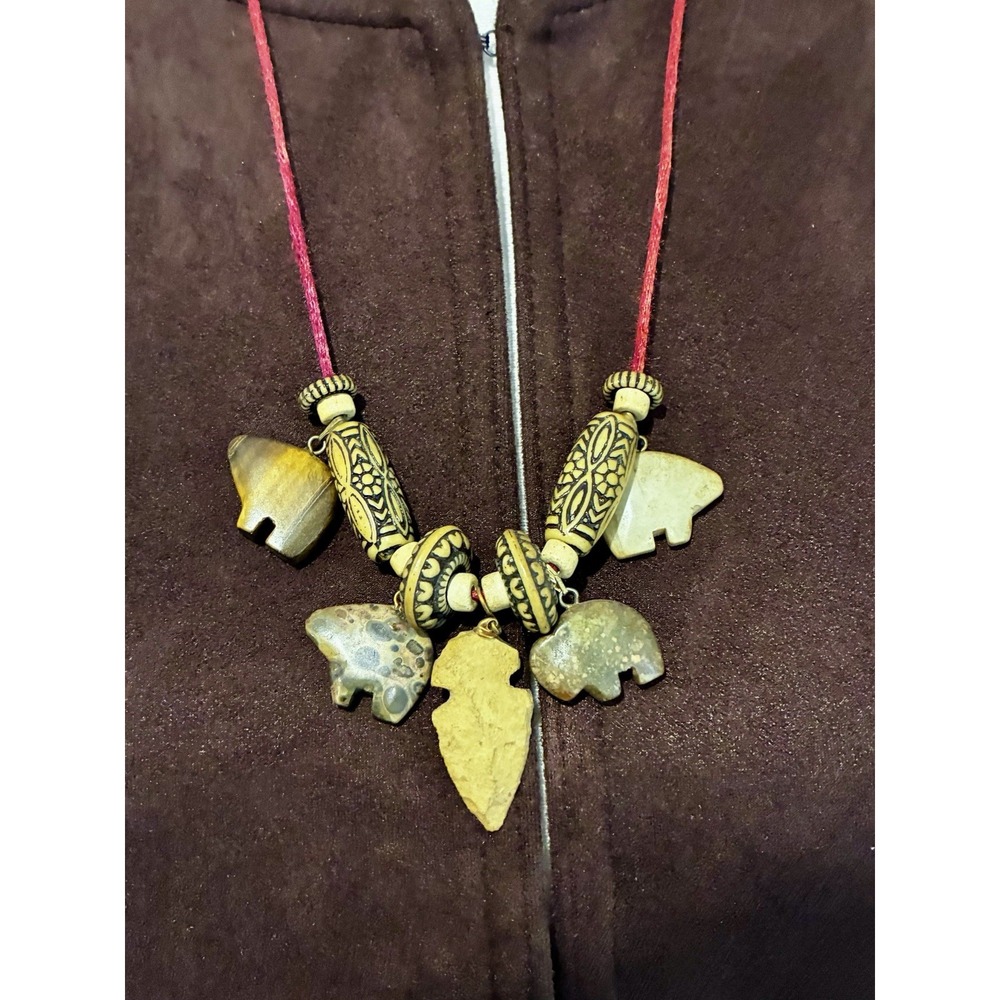 Hand Carved Bear Buffalo Arrowhead Multi Stone Fetish Necklace